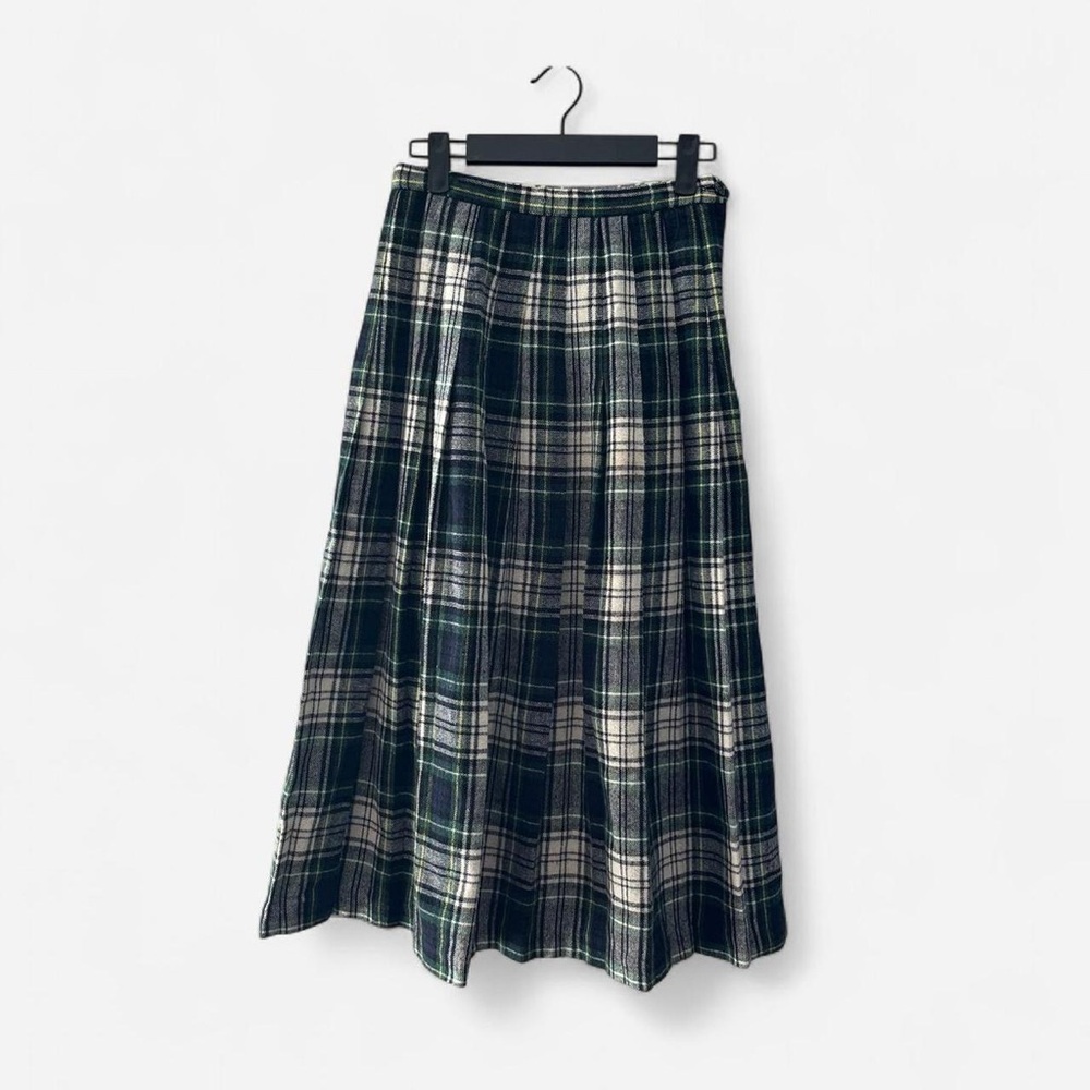 Vintage Michele Wool Plaid Skirt Size 6 Green Navy Tartan Pleated Midi Academia